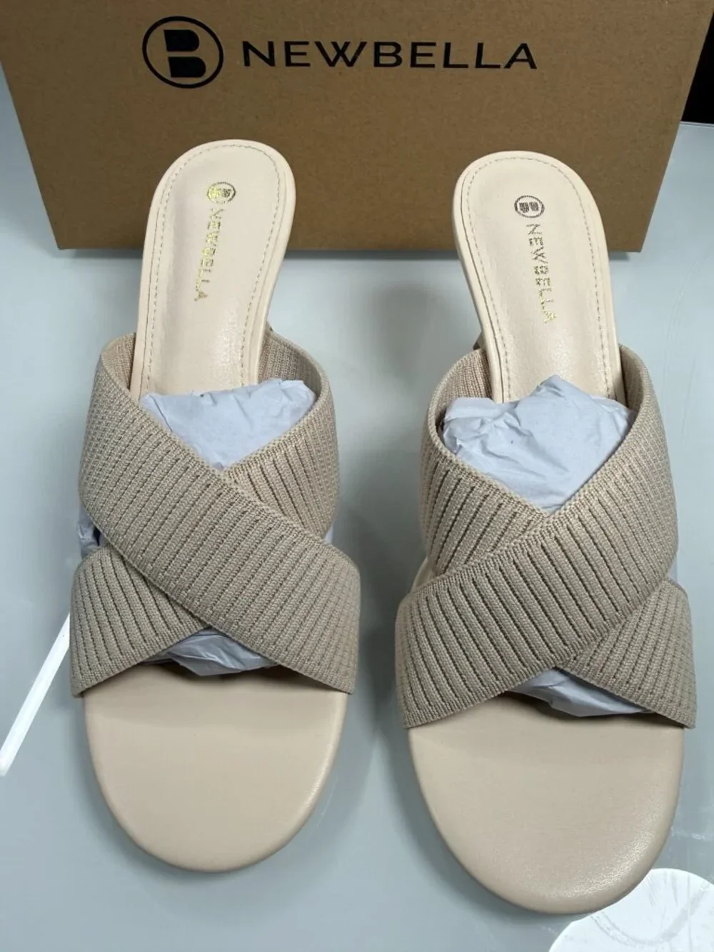Newbella Beige Knit Criss Cross Mule Heels Sandals Size 6.5
